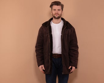 Cappotto di pelle di pecora finta, Cappotto vintage grande XL, Cappotto da cowboy occidentale, Cappotto di pelliccia di shearling finto, Cappotto di pelle scamosciata retrò, Cappotto Sherpa marrone anni '90, Vegano