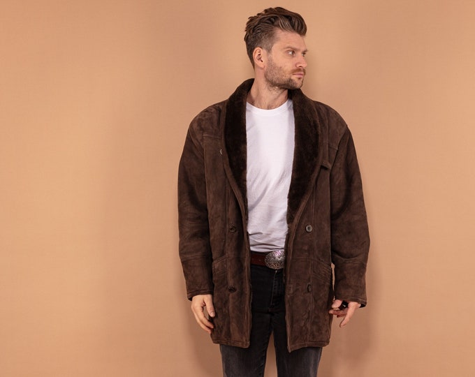 Men Sheepskin Coat 80's, Size Medium M Shearling Coat, 80's Vintage Coat, Winter Clothing, Brown Suede Coat, Vintage Overcoat, Worn In Coat