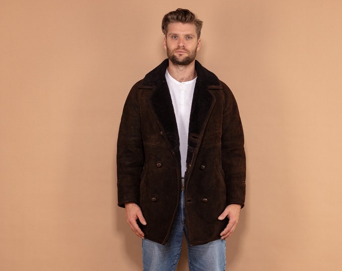 Men Sheepskin Suede Coat 80's, Size Medium, Vintage Dark Brown Winter Coat, Suede Overcoat, Warm Cozy Raglan Coat, Double Breasted Coat