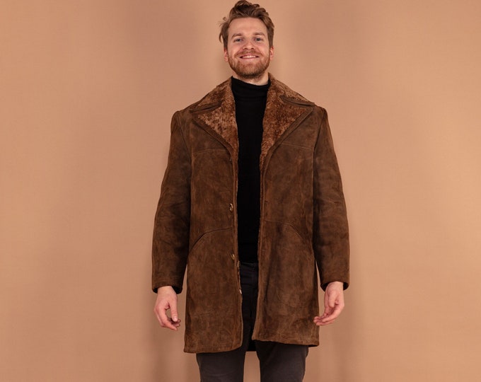 Sheepskin Suede Coat 70's, Size Large, Vintage Western Coat, Men Retro Overcoat, Soft Suede Brown Winter Coat, Classic Outerwear