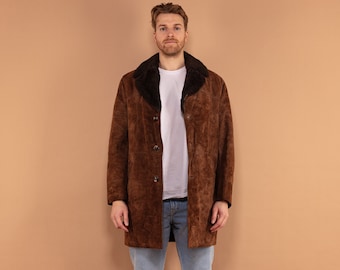 Vintage 70s Suede Sherpa Coat - Retro Brown Overcoat, Size L