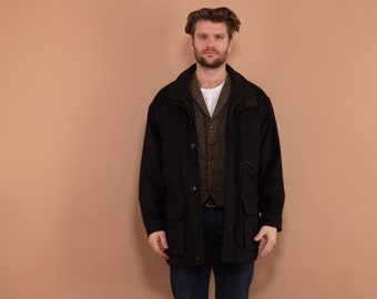 Men Wool Blend Parka Jacket 90's, Size L Large, Vintage Insulated Wool Zip Up Coat, Dark Gray Casual Coat, Outerwear, Men Oversized Coat