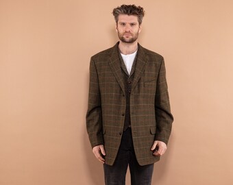 Plaid Wool Blazer 90's, Size XXL Large, Harris Tweed Stye Blazer, Retro Men Clothing, Vintage Plaid Wool Jacket, Elegant Preppy Blazer