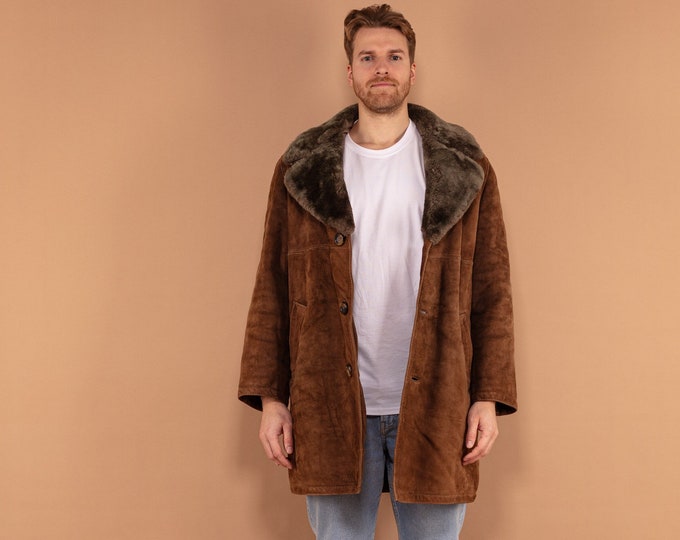 Sheepskin Men's Coat 70's, Size M Vintage Boho Shearling Coat, Retro Winter Coat, Western Men Outerwear, Brown Overcoat, 70s Men Outerwear