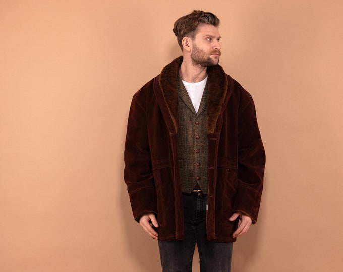 Faux Shearling Coat, Men size XL Sherpa Coat, Western Rancher Outerwear, Faux Shearling Fur Coat, Retro Suede Coat, Brown Sherpa Coat 90's