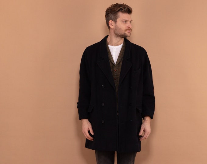 Wool Overcoat Men, Cashmere Wool Blend Coat In Navy Blue Size M, Vintage Wool Coat, Autumn Wool Coat, 80s Coat, Elegant Minimalist Coat,