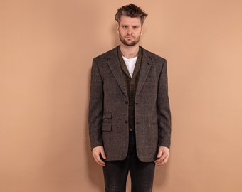 Vintage Men Blazer 90s, Size L Preppy Men Classic Blazer, Plaid Herringbone Blazer, Wool Blazer Jacket, Spring Blazer, BetaMenswear