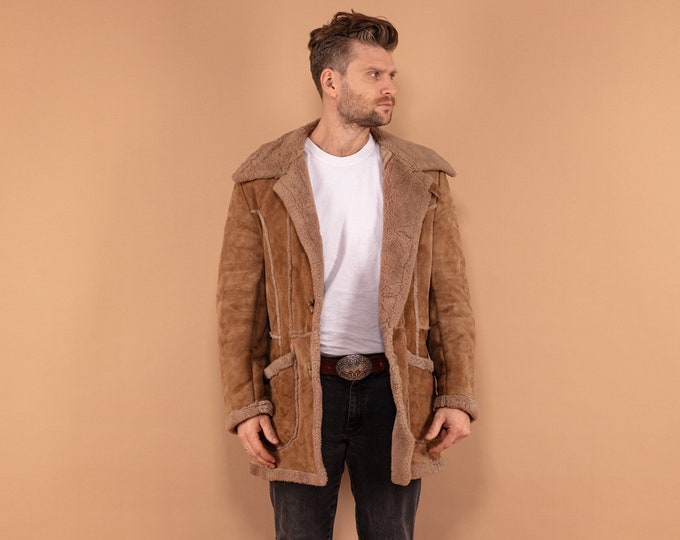 Men Boho 70's Sheepskin Coat, Size Medium, Vintage Brown Shearling Suede Coat, Cozy Thick Overcoat, Hippie Winter Coat, Made in England