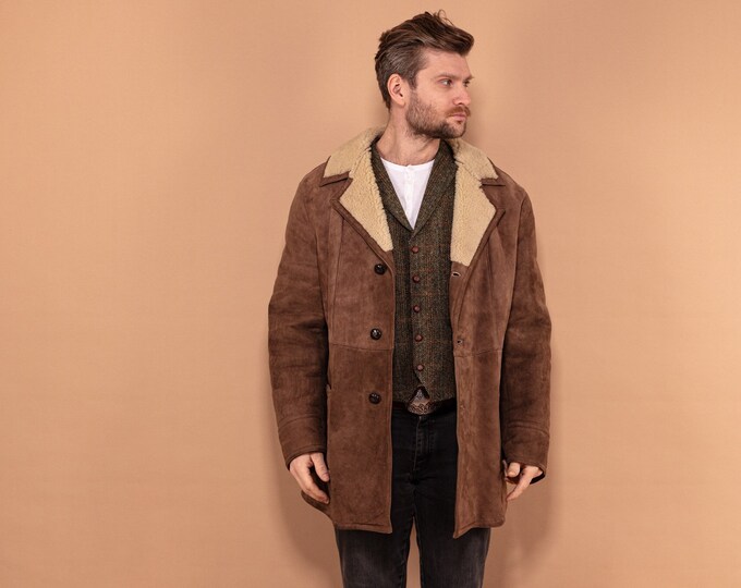 Men Sheepskin Coat, Size Large L, Shearling Coat Men, 70s Vintage Coat, Winter Clothing, Brown Suede Coat, Vintage Overcoat, 70s Outerwear