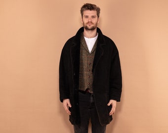 Oversized Sheepskin Coat 90's, Size XL, Men Sheepskin Overcoat, Winter Suede Coat, 90s Men's Coat, Cozy Vintage Outerwear, 90s Black Coat