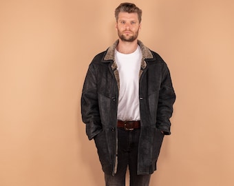 90s Oversized Sheepskin Coat: Men's Vintage Shearling Overcoat (L/XL)