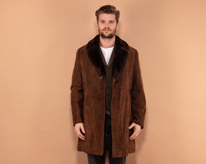 Brown Suede Sherpa Coat 70's, Size M Medium, Vintage Men Faux Sheepskin Coat, Shearling Fur Collar Coat, Outerwear, Retro Style Menswear