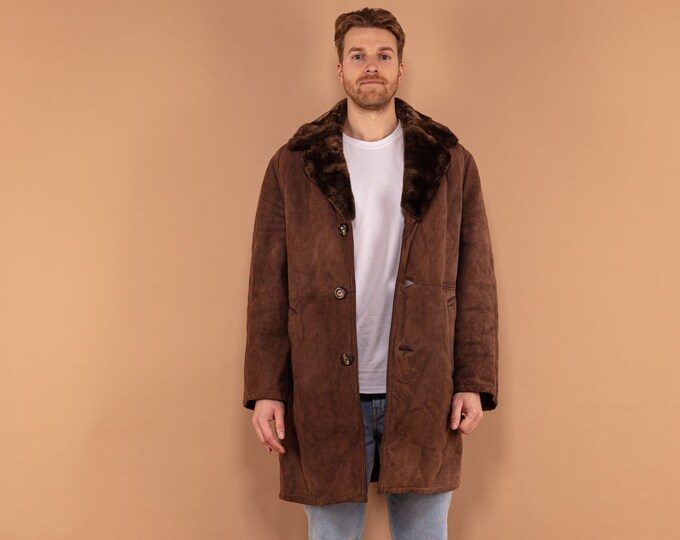 Sheepskin Men Coat 70s, Size Large L Vintage Shearling Coat, Brown Sheepskin Coat, Shearling Coat, Brown Fur Coat, Western Cowboy Outerwear