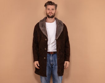 Men Sheepskin Coat 80's, Size Large, Worn In Vintage Shearling Coat, Retro Leather Coat, Brown Leather Overcoat, Boho Winter Coat, Pre Owned