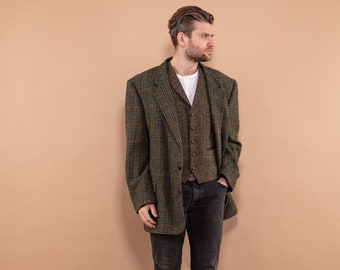 Plaid Tweed Blazer 90s, Size XXL Preppy Men Classic Blazer, Plaid Wool Blazer, Wool Blazer Jacket, Spring Blazer, BetaMenswear, Retro Jacket