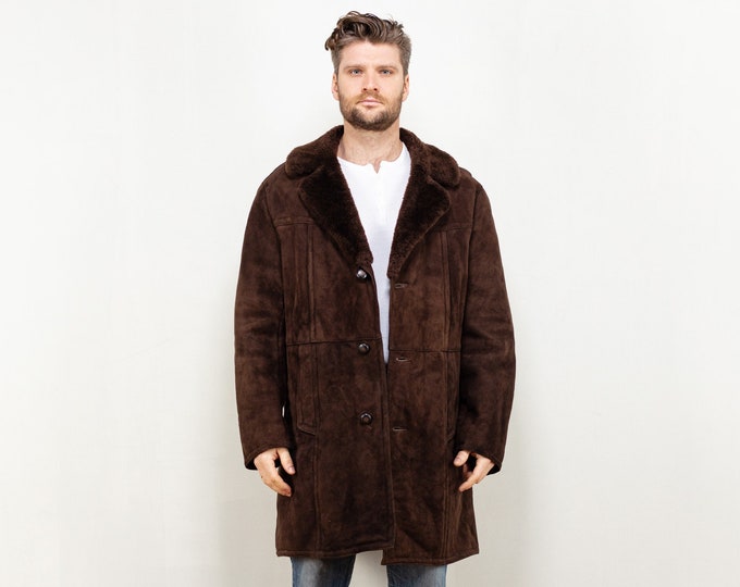 Sheepskin Coat Men 70's vintage men coat brown sheepskin suede shearling winter coat boho western style overcoat men clothing size large L