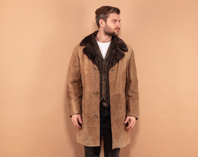 70s Sheepskin Coat, Size M Medium, Vintage Shearling Fur Coat, Boho Winter Coat, Warm Coat for Men, Light Brown Overcoat, Retro Menswear