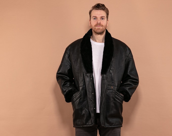 Faux Leather Sherpa Coat 90's, Size XL Vintage Men Leather Coat, Retro Leather Winter Coat, Gift for Men, Faux Sheepskin Coat, Retro Jacket