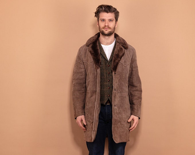 Men Sheepskin Coat 70's, Size M Vintage Boho Shearling Coat, Retro Winter Coat, Western Men Outerwear, Beige Overcoat, 70s Men Outerwear