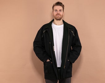 90s Vintage Black Loden Wool Coat European Overcoat, Size Large