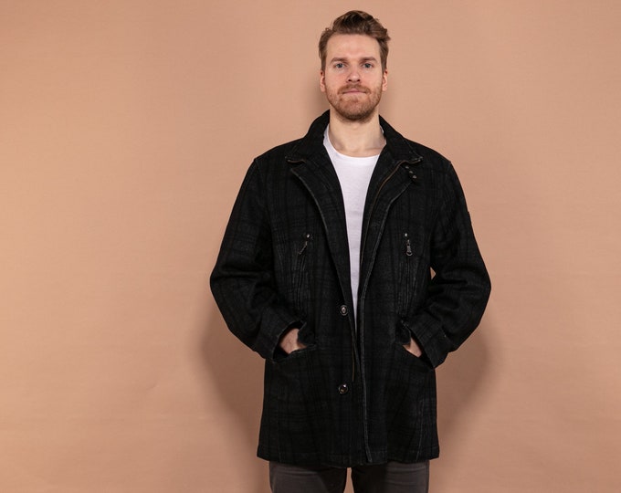 Plaid Wool Blend Coat  Size Large XL, Vintage Men Spring Coat, 90s Classic Wool Coat, Minimalist Coat, Mens Clothing, Preppy Outerwear