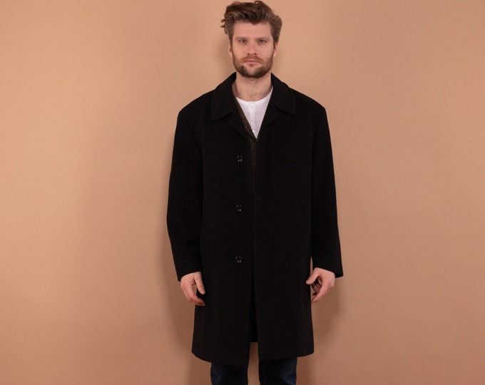 Wool and Cashmere Coat 90s, Size L Large, Men Business Coat, Classic Elegant Formal Coat, Vintage Black Wool Blend Coat, Spring Clothing