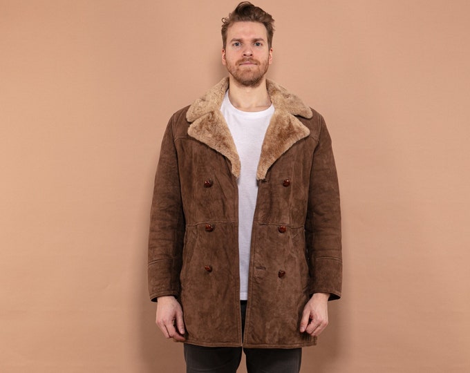 Western Shearling Coat 70's, Size M Medium, Sheepskin Overcoat, Cowboy Outerwear, Boho Winter Suede Coat, Brown Vintage Coat, 70s Menswear