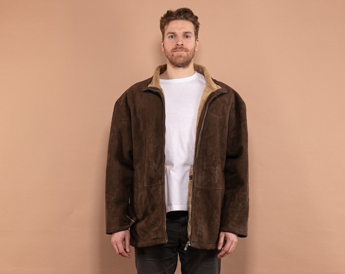 Brown Faux Sheepskin Jacket 90's, Size XL, 00's Men Cruelty Free Coat, Casual Velour Zip Up Coat, Cozy Autumn Jacket, Vintage Outerwear