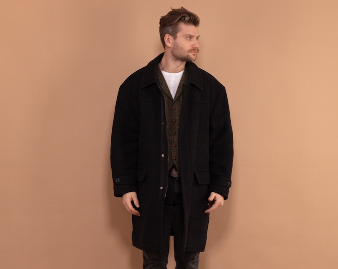 Wool and Cashmere Coat 00's, Size L Large, Men Vintage Overcoat, Dark Gray Zip Up Wool Blend Coat, Elegant Everyday Coat, Winter Outerwear