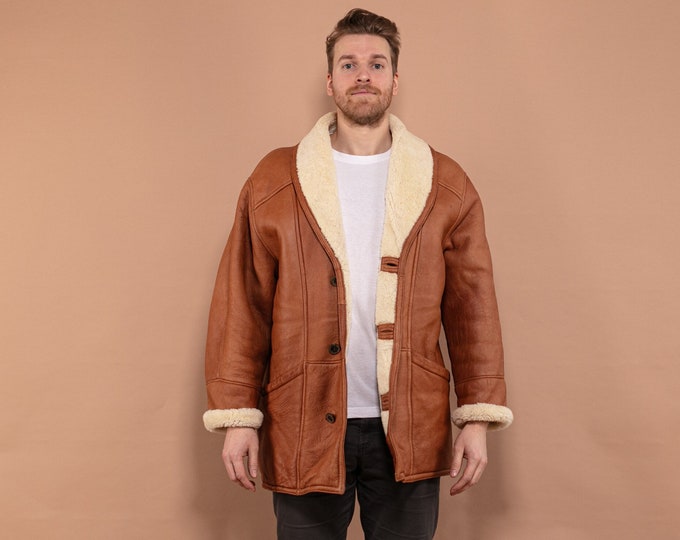 80s Men Shearling Coat, Size L Large, Vintage Sheepskin Coat, Caramel Brown Leather Winter Coat, Boho Outerwear, Thick Sheep Fur Coat