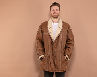 Oversized Sheepskin Coat, Size Large XL, Men Vintage Shearling Overcoat, Warm Winter Outerwear, Retro Leather Coat, 80s, Retro Leather Coat