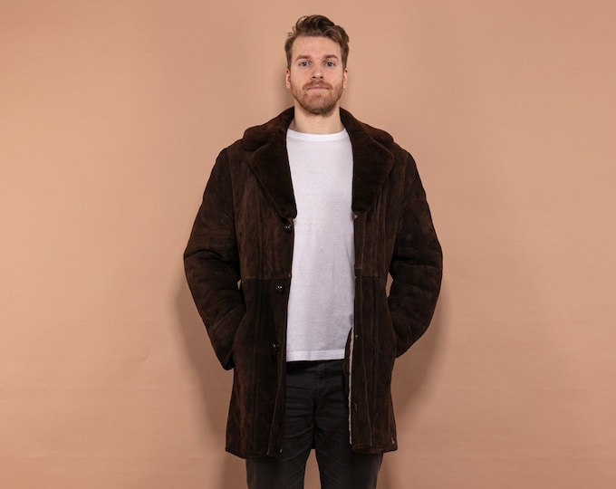 Dark Brown Sheepskin Coat 70's, Size L Large, Vintage Men Classic 70s Style Coat, Button Up Sheep Suede Coat, Retro Winter Outerwear