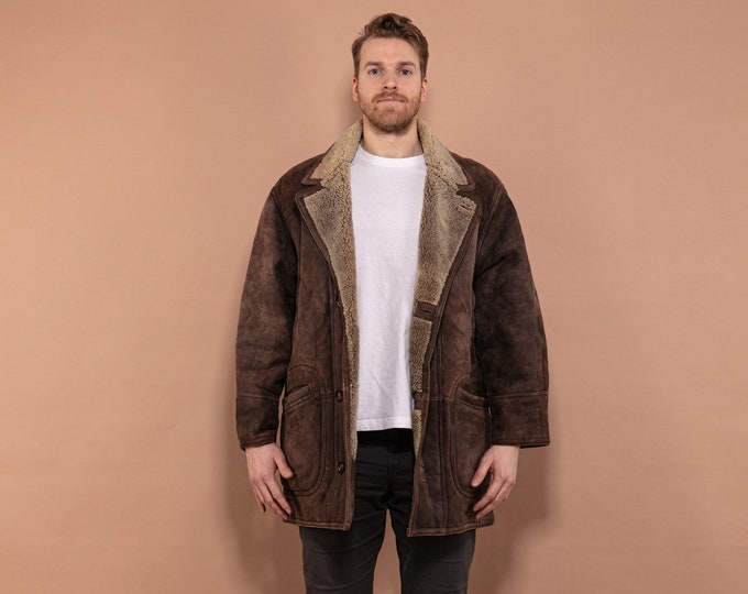 Vintage Shearling Coat 90s, Size L Large, Men Sheepskin Suede Coat, Brown Overcoat, Sheep Winter Coat, Everyday Coat, Casual Comfy Outerwear