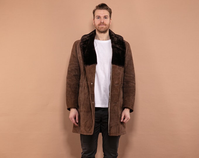 Heavy Sheepskin Coat 70's, Size M Medium, Thick Winter Suede Coat, Vintage Brown Shearling Coat, Retro Outerwear, Men Classic Overcoat