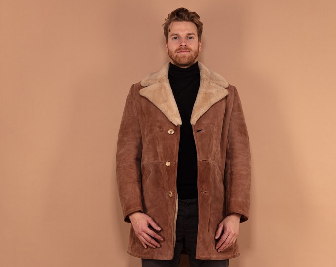 Sheepskin Suede Coat 70's, Size Medium, Vintage Men Winter Coat, Single Breasted Brown Retro Coat, Made in France, Boho 70s Clothing