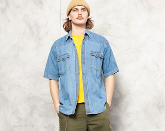 Denim Men Shirt vintage 90s short sleeve western shirt blue free fit jean shirt cotton button down shirt men clothing size xl extra large