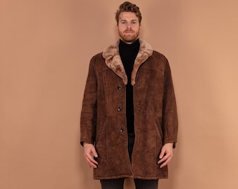 Men Sheepskin Coat 70's, Size L Vintage Brown Shearling Coat, Retro 70s Suede Winter Coat, Casual Boho Overcoat, Men 70s Clothing