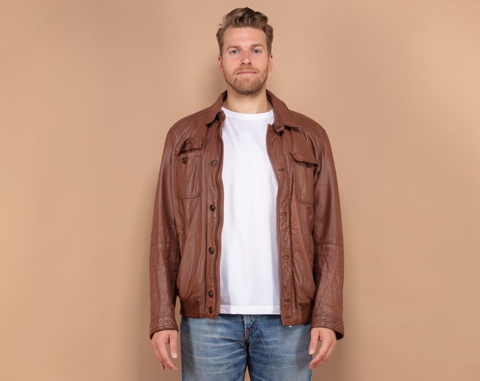 Brown Leather Jacket 00's, Size Large L, Vintage Clothing, Spring Jacket, Mens Clothing, Classic Leather Jacket, Timeless Leather Jacket