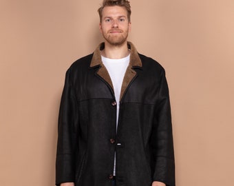 Manteau en peau de mouton des années 80, manteau en peau de mouton vintage grande taille XL, manteau en peau de mouton noir, manteau en peau de mouton retourné, manteau de fourrure pour homme, manteau en peau de mouton pré-aimé