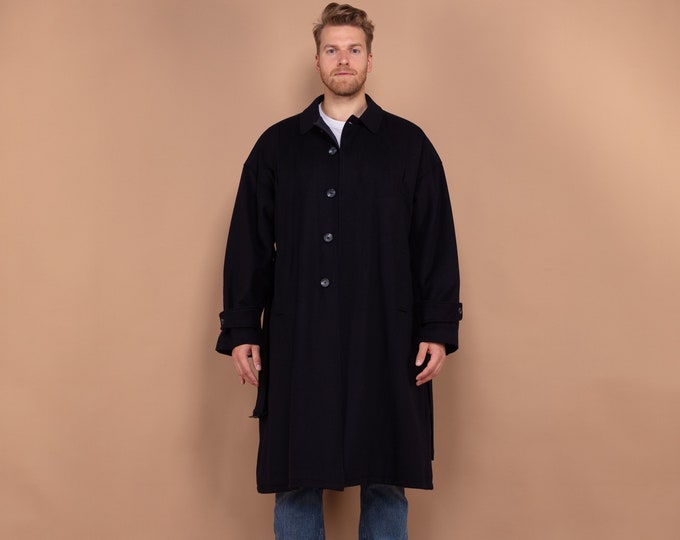 Men's Wool Coat, Classic Belted Coat Size XL, Long Wool Coat, Vintage Belted Coat For Men, Navy Blue Mens Coat, Vintage Outerwear, Timeless