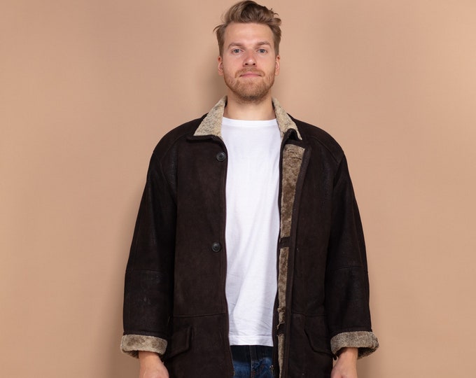 Warm Sheepskin Coat, Sheepskin Overcoat Large L, Western Outerwear, Winter Leather Coat, Shearling Coat,  80's Men's Coat, Gift For Husband