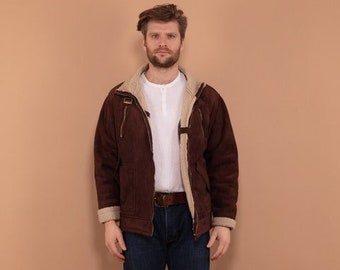 Männer Sherpa Bomberjacke 00er Jahre, Größe L, Vintage Braune Wildlederjacke, Lässige Herbst Winterjacke, Fliegerjacke, Fliegerjacke