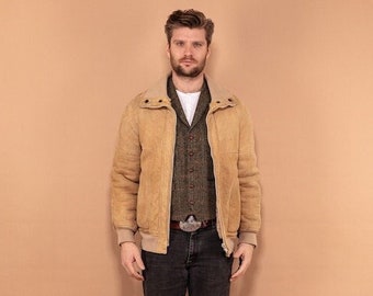 Giacca da uomo in pelle di pecora anni '80, taglia piccola S, giacca bomber in shearling vintage, abbigliamento da uomo, giacca invernale spessa, giacca da volo, abbigliamento da uomo