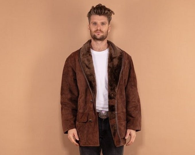 Vintage Men Sheepskin Coat 80's, Size L Large, Winter Coat, Boho Outerwear, Warm Sheep Skin Overcoat, Mens Clothing, Made in Spain