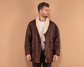 Brown Shearling Coat 80s, Size Large, Sheepskin Leather Coat, Button Up Winter Coat, Retro Outerwear, Vintage Fashion, Made In Italy