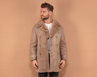 Sheepskin Coat, Size Small S Vintage 70's Shearling Coat, Beige Sheepskin Coat, Western Coat, Retro Suede Coat, Mens Clothing, BetaMenswear