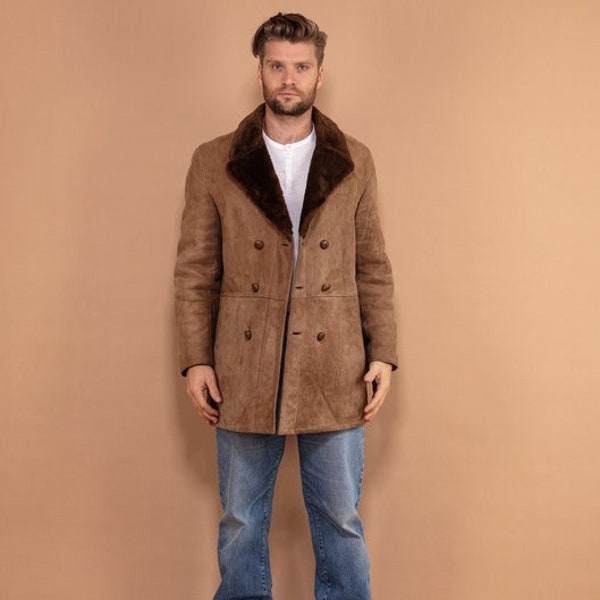 Vintage Shearling Coat Men, Sheepskin Coat Size M, Western Outerwear, Winter Suede Coat, Shearling Coat, 70's Men's Coat, Gift For Husband