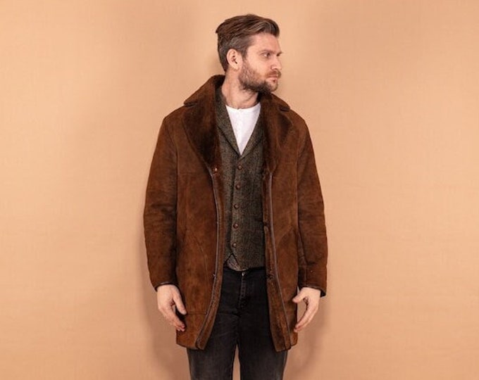 Sheepskin Men's Coat, Size Medium M Vintage 70's Shearling Coat, Brown Sheepskin Coat, Retro Suede Coat, Brown Fur Coat, England Made