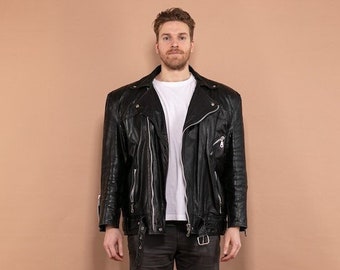Men's Biker Jacket, Size Large XL, Retro Moto Jacket, Black Racer Jacket, Vintage Biker Jacket, Motorcycle Jacket, 90's Biker Outerwear