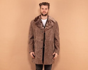 Cappotto vintage in finta pelle di pecora anni '70, taglia L grande, cappotto invernale con colletto in lana, capispalla Boho, soprabito caldo da uomo, cappotto in pelle scamosciata, foderato in sherpa